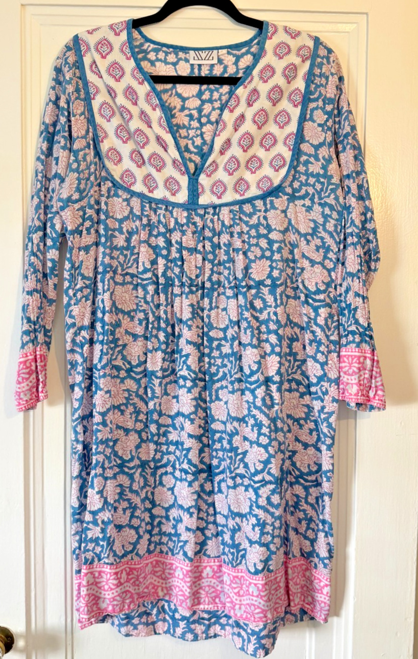 SZ Blockprints Pink & Blue Bib Front Short Dress, size Large